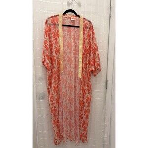 Suki So Sheer Kimono Cover Up Womens OS Orange Coral Boho Beach Duster Gold Trim